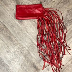 DKNY red leather fringe clutch